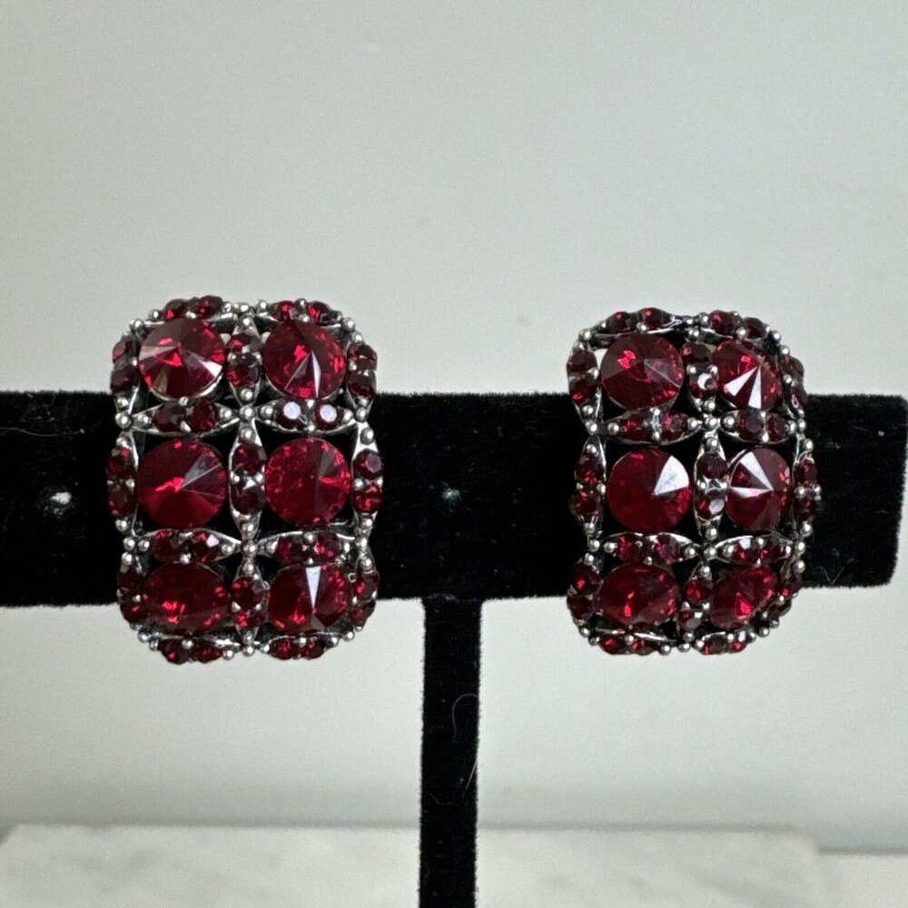 vintage signed  JHS Red rhinestones clip earrings